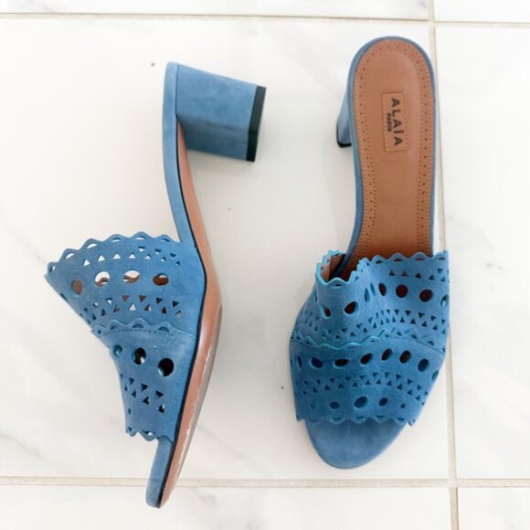 Alaia Shoes - Alaia Blue Laser-Cut Suede Mules Sandals 6.5